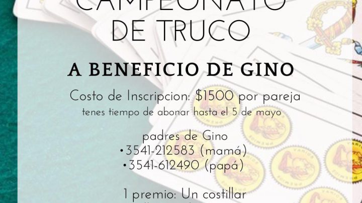 Campeonato de Truco a beneficio de Gino, un vecino de Carlos Paz que necesita de nuestra ayuda